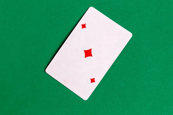 Ace Diamonds Playing Card Green Background Top View Copy Space — Stok fotoğraf