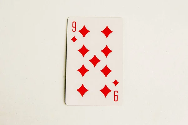 Nine Diamonds Playing Card White Background Top View Copy Space — Foto Stock