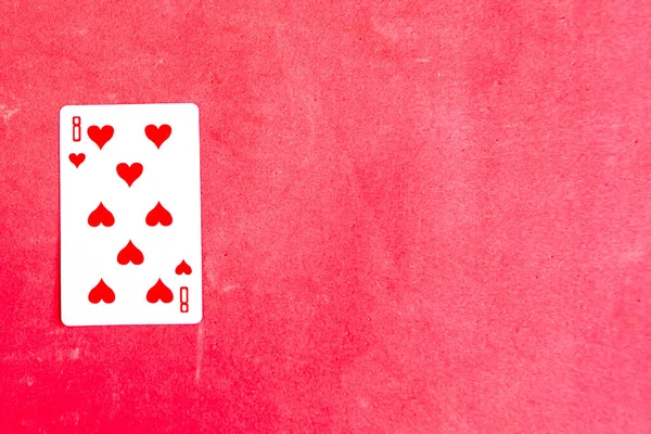 Eight Hearts Playing Card Red Background Top View Copy Space — Zdjęcie stockowe
