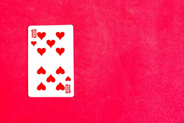 Zehn Herzen Spielkarte Auf Rotem Hintergrund Draufsicht Kopierraum — Stockfoto