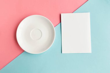 Renk arkaplanında boş plaka ve model boş. Metin için alanı kopyala. Asgari konsept