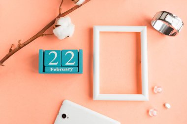 22 Şubat. Pembe pastel arka planda ay, tarih ve resim çerçeveli mavi küp takvimi.