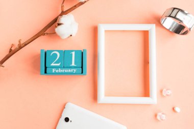 21 Şubat. Pembe pastel arka planda ay, tarih ve resim çerçeveli mavi küp takvimi.