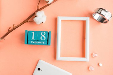 18 Şubat. Pembe pastel arka planda ay, tarih ve resim çerçeveli mavi küp takvimi.