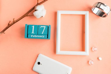 17 Şubat. Pembe pastel arka planda ay, tarih ve resim çerçeveli mavi küp takvimi.