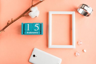15 Şubat. Pembe pastel arka planda ay, tarih ve resim çerçeveli mavi küp takvimi.
