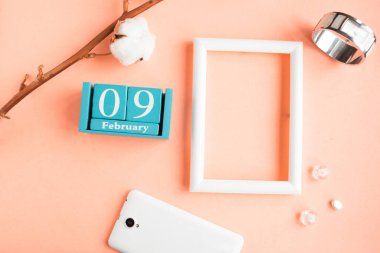 9 Şubat. Pembe pastel arka planda ay, tarih ve resim çerçeveli mavi küp takvimi.