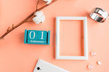 1 Şubat. Pembe pastel arka planda ay, tarih ve resim çerçeveli mavi küp takvimi.