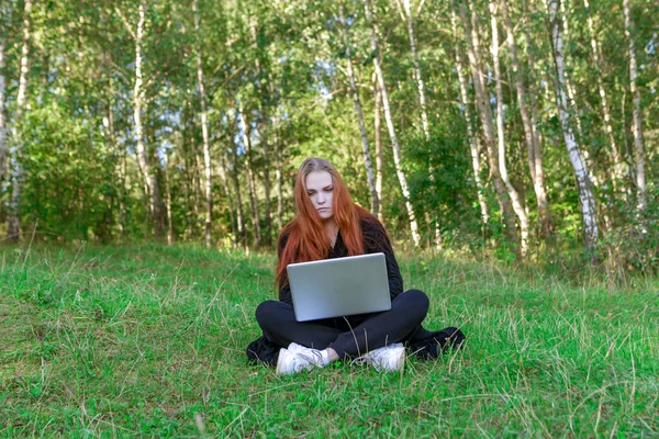 Freelancer Natureza Mulher Está Trabalhando Com Laptop Floresta — Fotografia de Stock