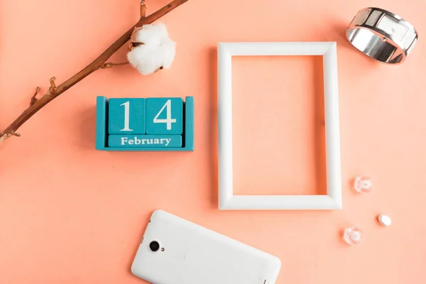2月14日 ピンクのパステルの背景に月と日付とモックアップ写真フレームとブルーキューブカレンダー — ストック写真