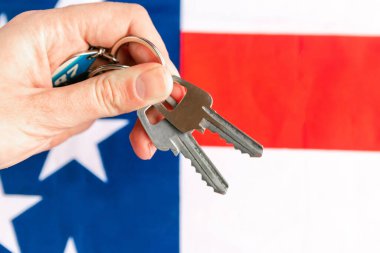 Bir kadının eli Amerikan bayrağı üzerinde tahta kalbi tutuyor. Ekoloji problemi kavramı