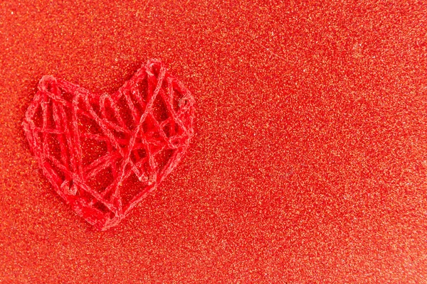 White Knitted Handmade Heart Red Glitter Background Happy Valentine Day — Stock Photo, Image