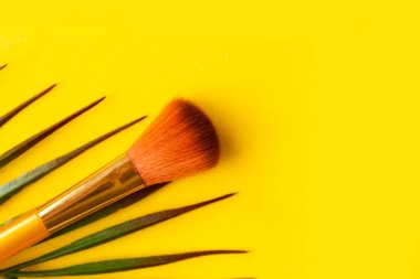 Makyaj kozmetik fırçası sarı arka planda izole edilmiş. Minimum konsept. Metnin için boşluk kopyala