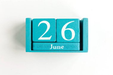 June 26. Blue cube calendar with month date isolated on white background.