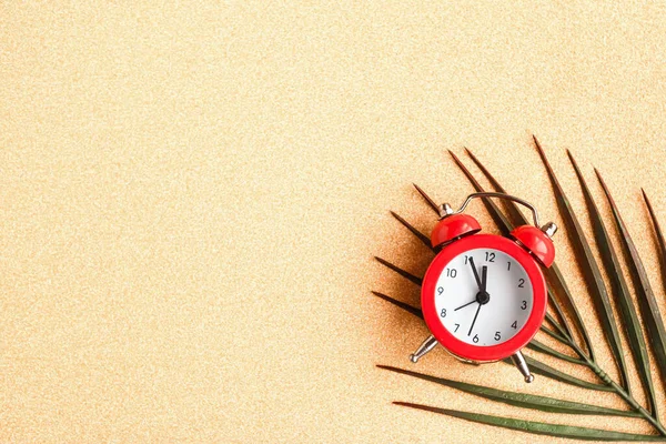 Alarm Clock Palm Tree Branch Golden Background Copy Space Text — 스톡 사진