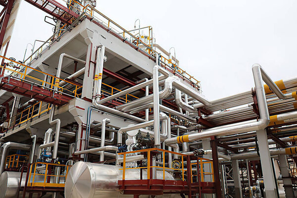 Industrial zone, the equipment of oil refining, industrial pipelines of an oil and gas plant