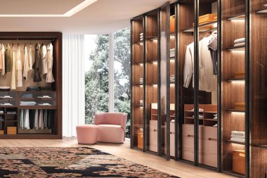  Modern tarz giyinme odası, beyaz arka plan.