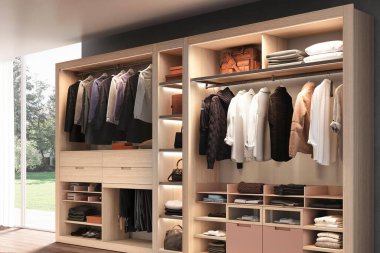  Modern tarz giyinme odası, beyaz arka plan.