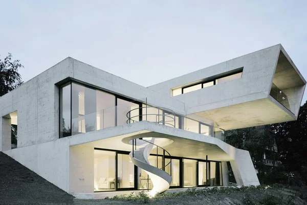 Luxueuse Villa Vue Extérieure Une Maison Contemporaine Coup Crépuscule — Photo