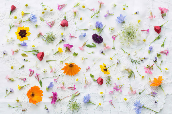 Цветы летних цветов на белой скатерти