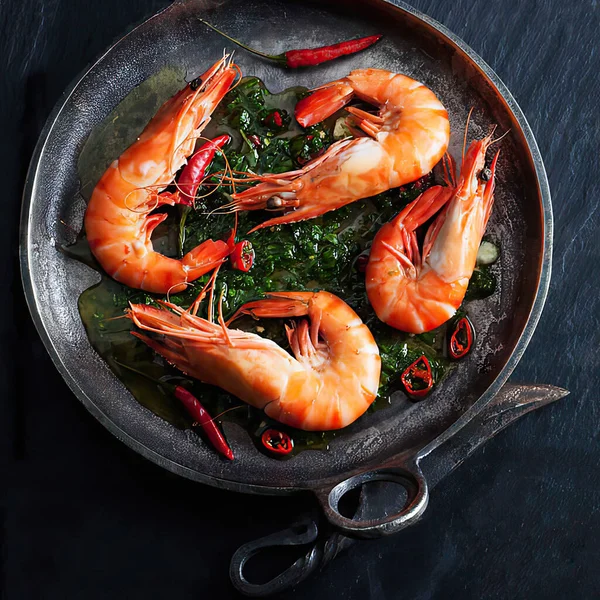 Şifalı karides, acı biber ve demir tavada sarımsak.