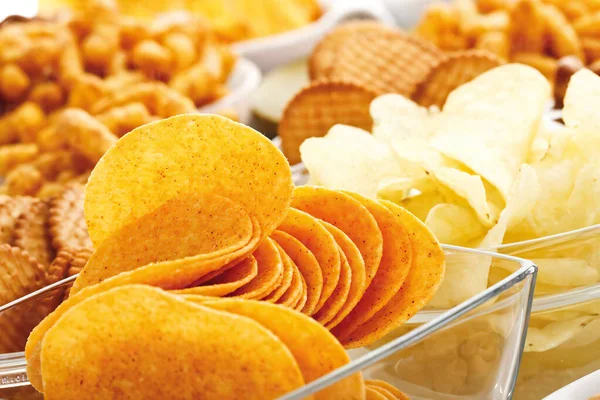 Assorted Snacks Potato Chips Bowl Close — Foto Stock