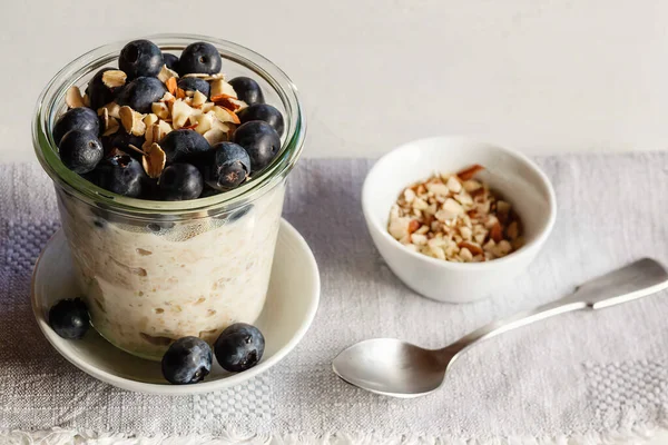 Glass Porridge Blueberries Wooden Table Immagine Stock