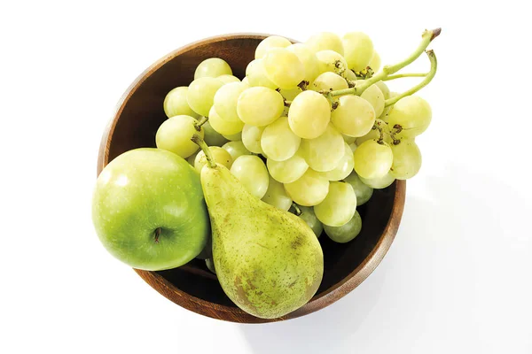 Grapes Pear Apple Wooden Bowl Elevated View Immagine Stock