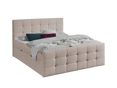 Klasik çift kişilik yatak, beyaz yatak başlığı.