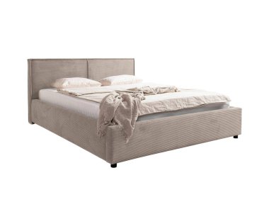 Klasik çift kişilik yatak, beyaz yatak başlığı.