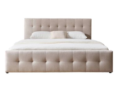 Klasik çift kişilik yatak, beyaz yatak başlığı.