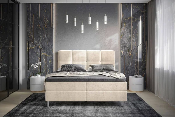 Minimum İskandinav tarzında modern lüks yatak odası.