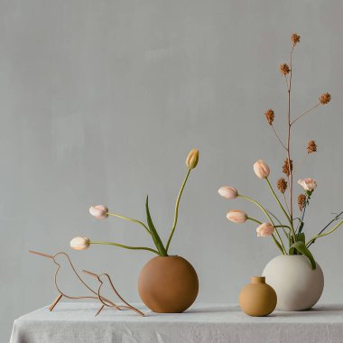 Ahşap kuşlar ve 2026 Paskalya Bayramı dekoratif kompozisyonu olarak tasarlanmış lale çiçekli bir tencere..