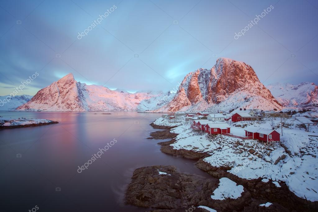 Colorful sunrise over Hamnoy, Lofoten islands, Norway in winter