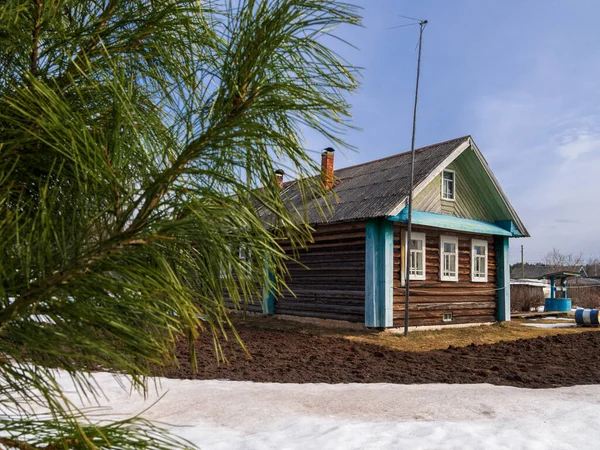 Wooden House Russian Village Wooden House Fence Made Planks Green — Stock Photo, Image