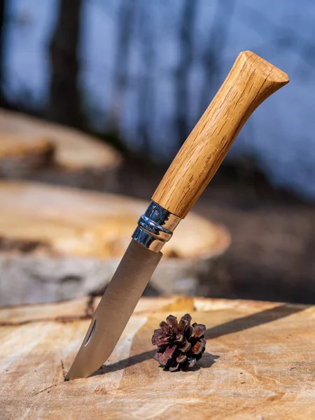 Vintage knife with a wooden handle on a stump. Tourist camping knife.