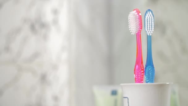 Childrens tandenborstel zetten in de beker — Stockvideo