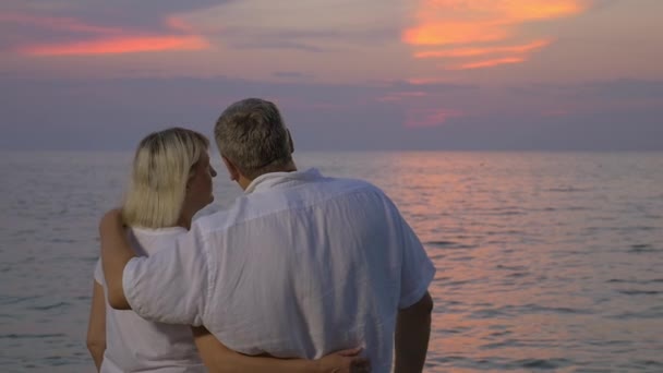 Abbracci d'amore durante il tramonto sul mare — Video Stock