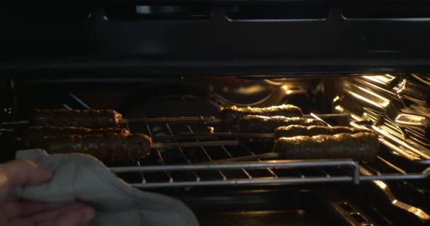 Cocinar plato de carne en el horno — Vídeo de stock