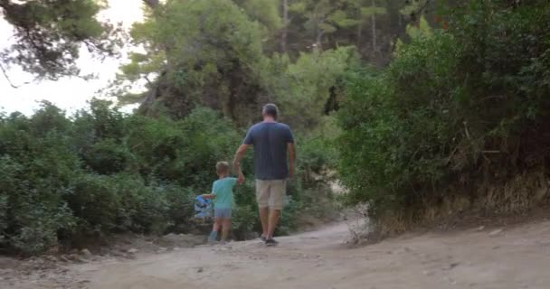 Pai e filho caminhando na floresta — Vídeo de Stock