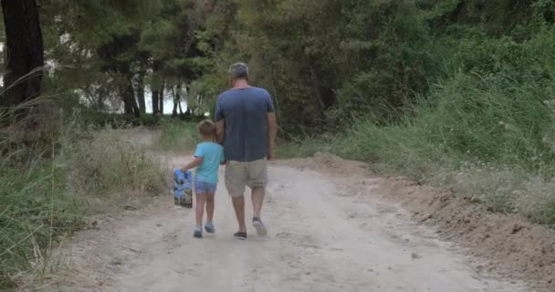 Child walking through the wood with grandpa — Stock Video
