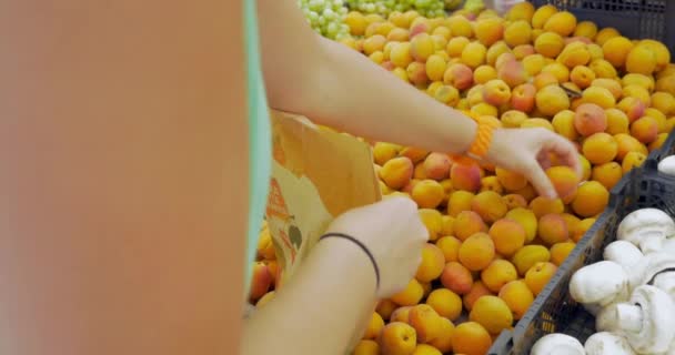 Recoger albaricoques del paquete de frutas — Vídeo de stock