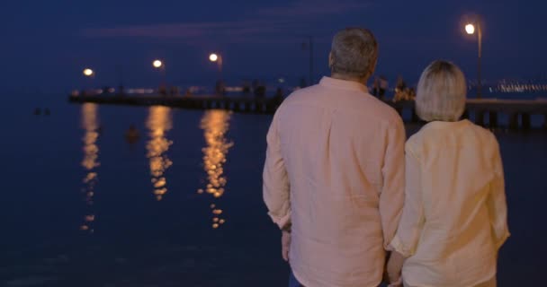 Miłości para starszy nad woda w nocy — Wideo stockowe