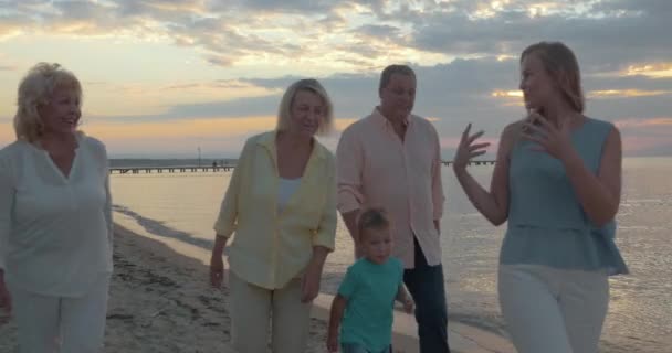 Familia grande sentada a la mesa en la playa — Vídeos de Stock