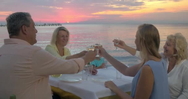 Familie diner aan zee bij zonsondergang — Stockvideo