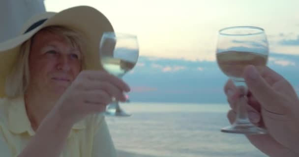 Couple toasting avec vin dans le restaurant de la plage — Video