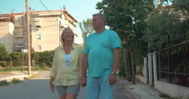 Couple of tourists walking along the side street — Stock Video