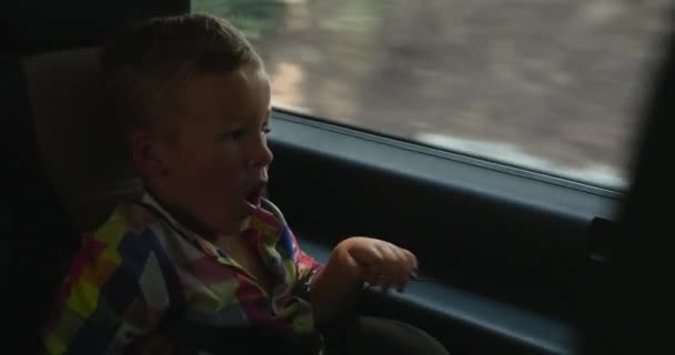 Niño viajando en coche y bostezando — Vídeos de Stock