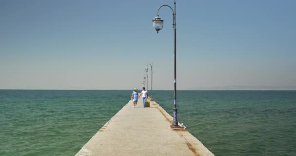 Junges Paar mit Koffer auf der Seebrücke — Stockvideo