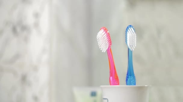 Little Toothbrush Adding to Two Big Ones — Stock Video